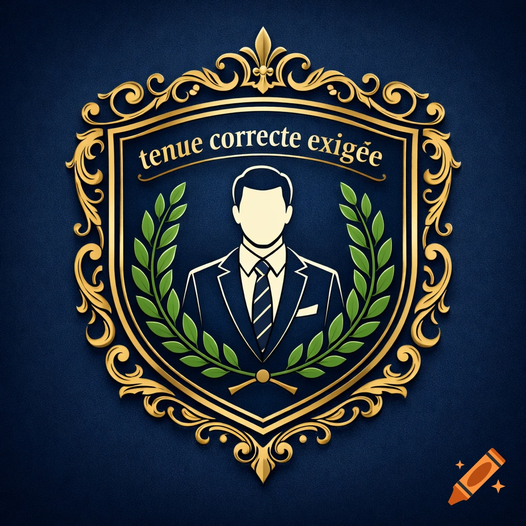 A gold and blue shield logo with an outline of a man in a suit, framed by a laurel wreath. Text reads 'tenue correcte exig hydrangea hydrangea hydrangea '.