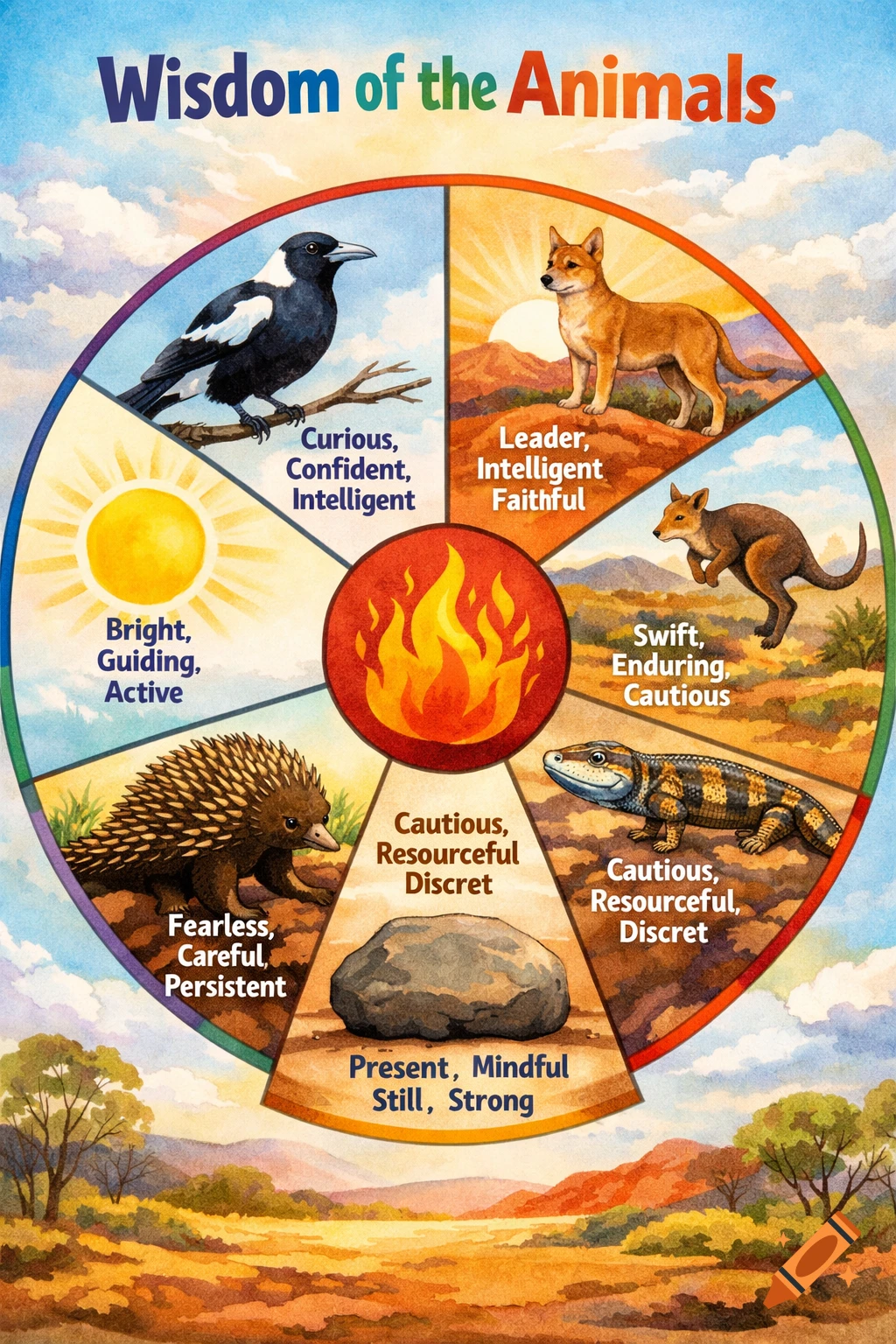 A colorful watercolor educational poster titled 'Wisdom of the Animals,' with a wheel design featuring a magpie, dingo, wallaby, blue-tongue lizard, echidna, sun, and rock, each labeled with associated traits, surrounding a central flame.