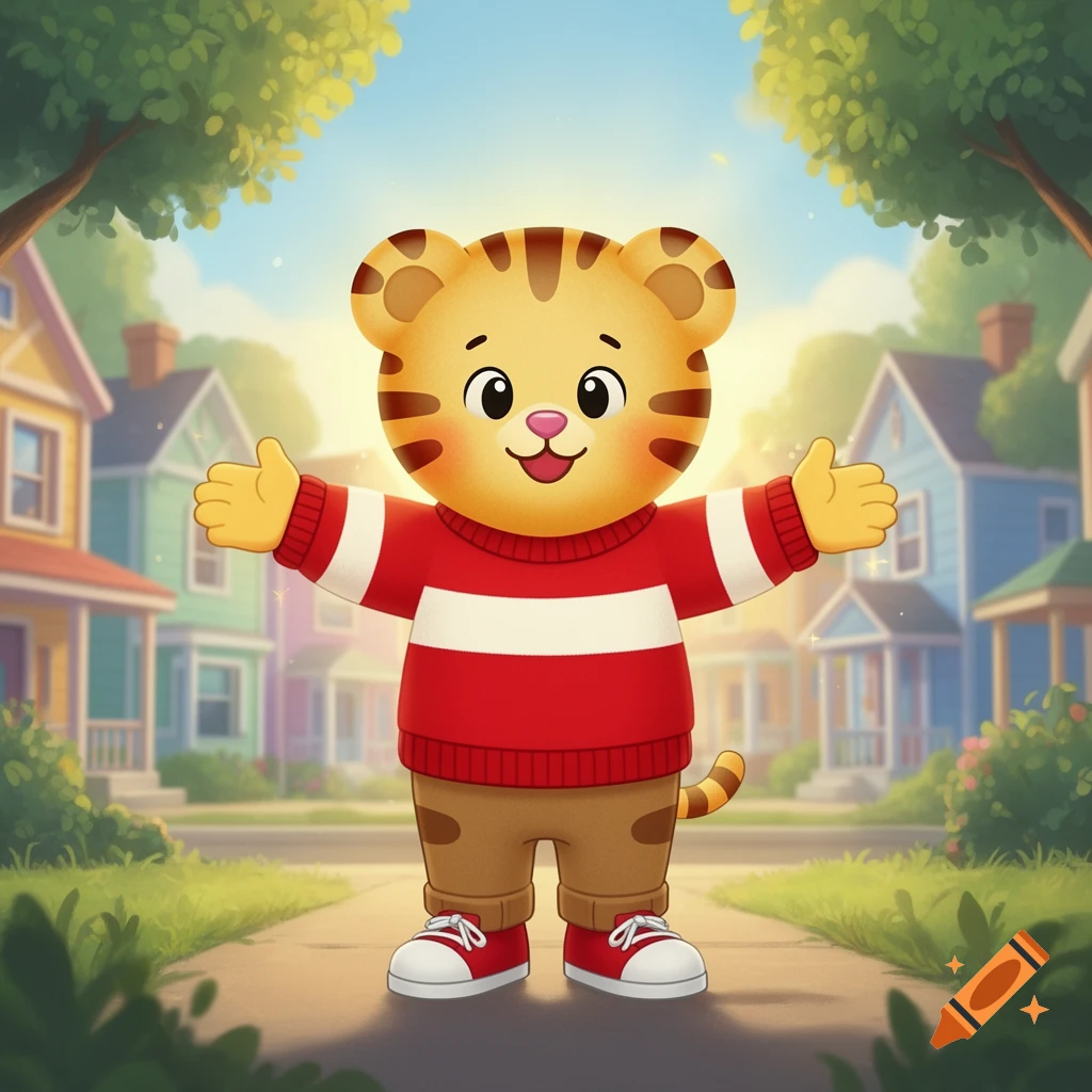 Daniel Tiger, a cartoon tiger character, smiles with arms outstretched on a sunny sidewalk in a colorful, tree-lined neighborhood.
