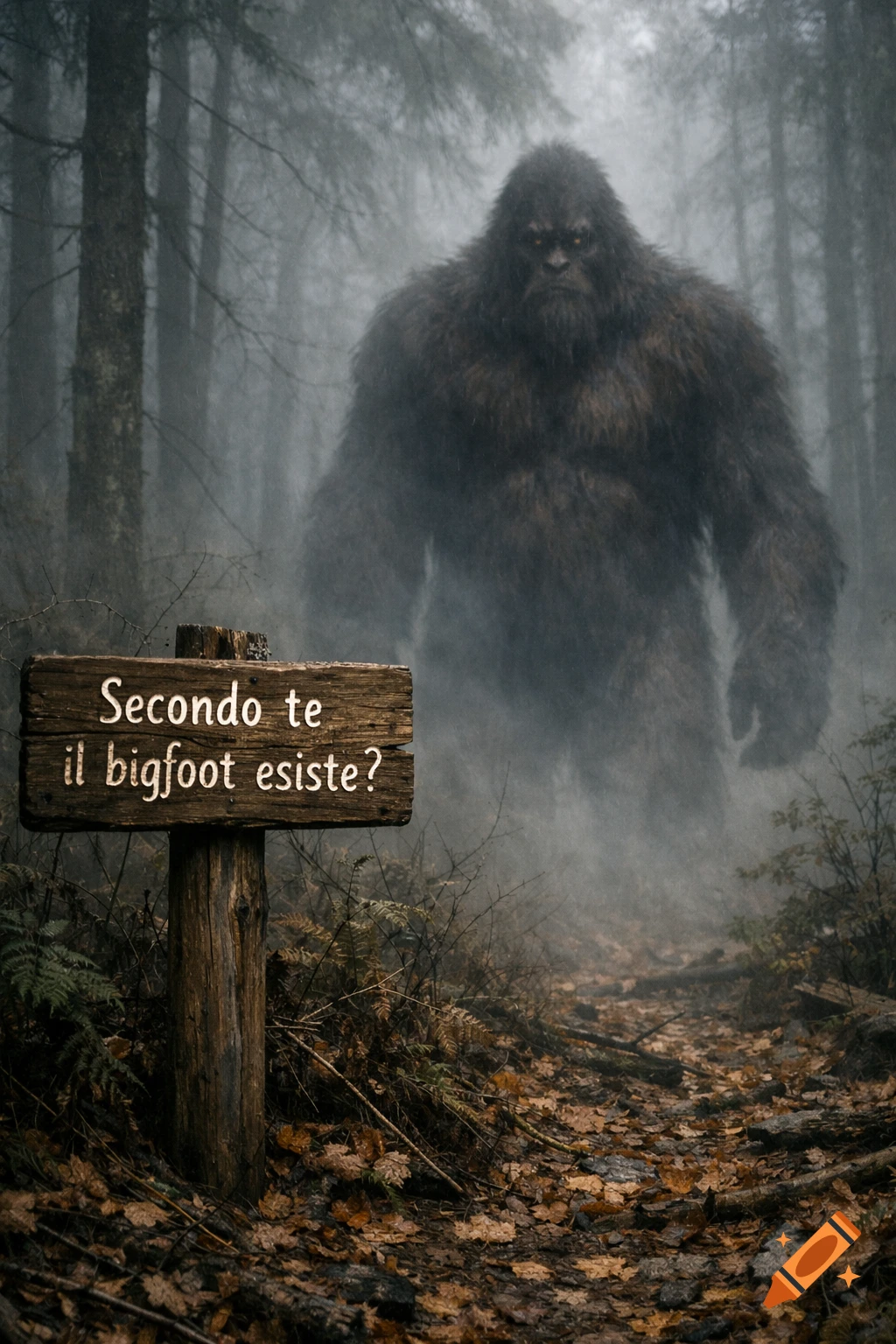 A large, furry Bigfoot emerges from dense mist in a dark forest behind a wooden sign that reads 'Secondo te il bigfoot esiste?'
