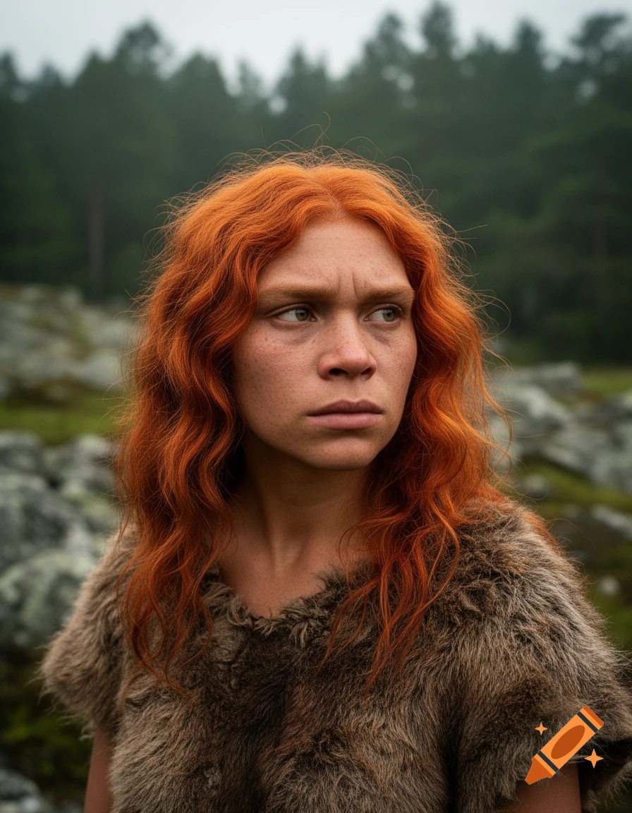 Photorealistic portrait of a serious young woman with long red hair and freckles, wearing a fur tunic in a misty forest.