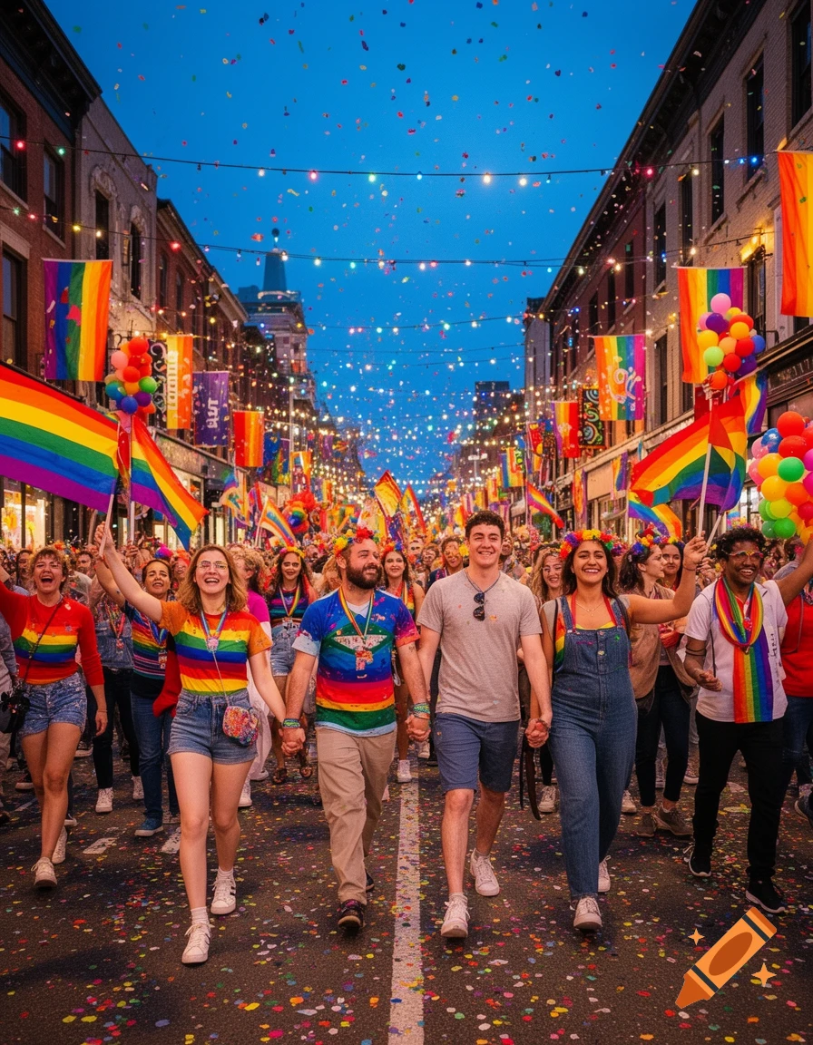 A large crowd of people celebrating, walking down a city street at dusk, holding rainbow flags with confetti in the air.