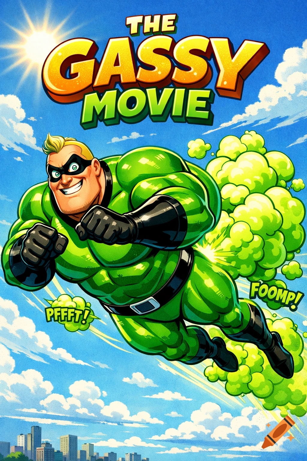 A cartoon superhero resembling Mr. Incredible in a green suit flies over a city, farting green gas. Text says 'THE GASSY MOVIE'.