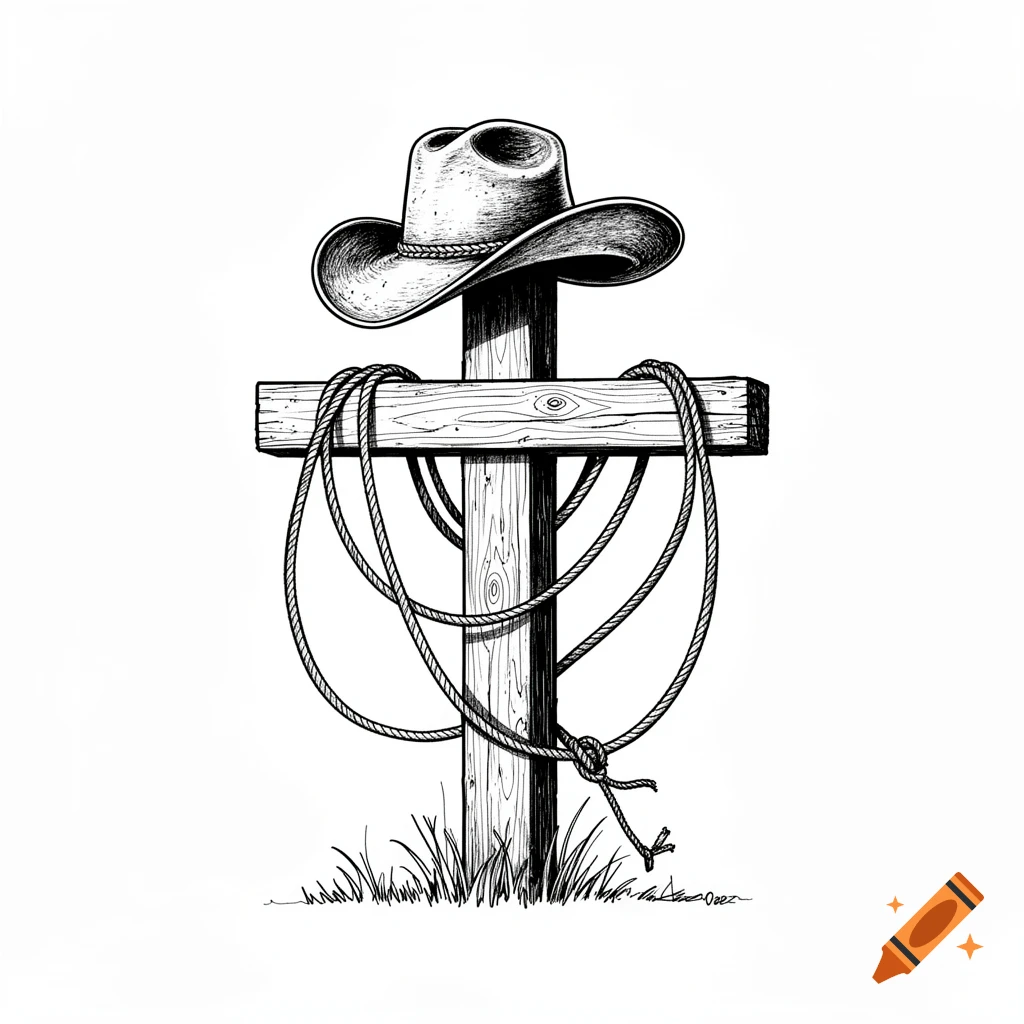 Black and white outline drawing of a cowboy hat on a wooden cross with a lasso, in grass.