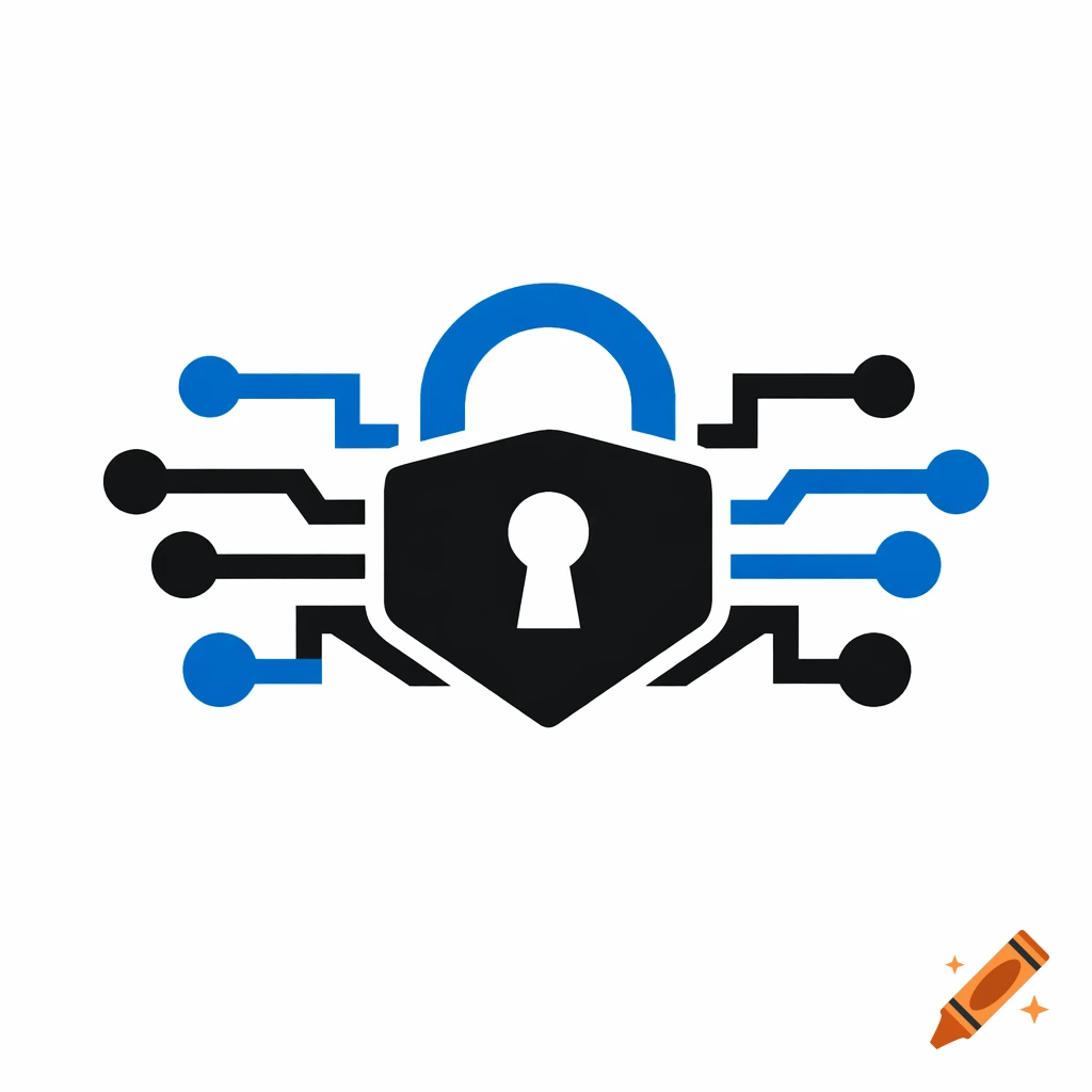 A minimalist logo featuring a black padlock with a keyhole, integrated with blue and black circuit lines and dots.