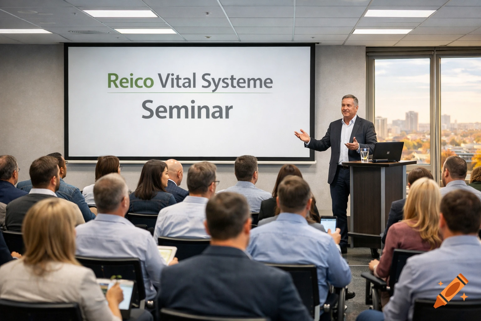A speaker presents "Reico Vital Systeme Seminar" on a screen to an audience in a conference room with a city view.