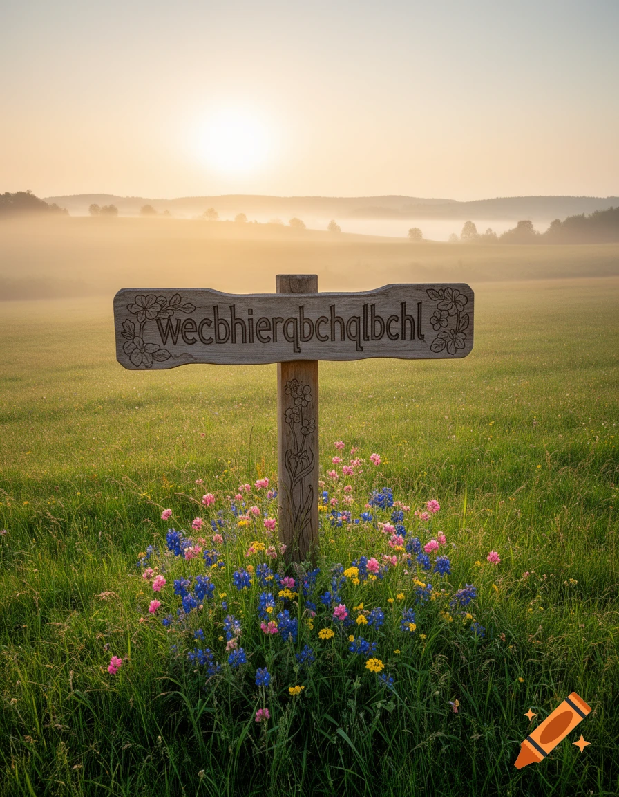 A wooden sign with carved text stands among colorful wildflowers in a ...