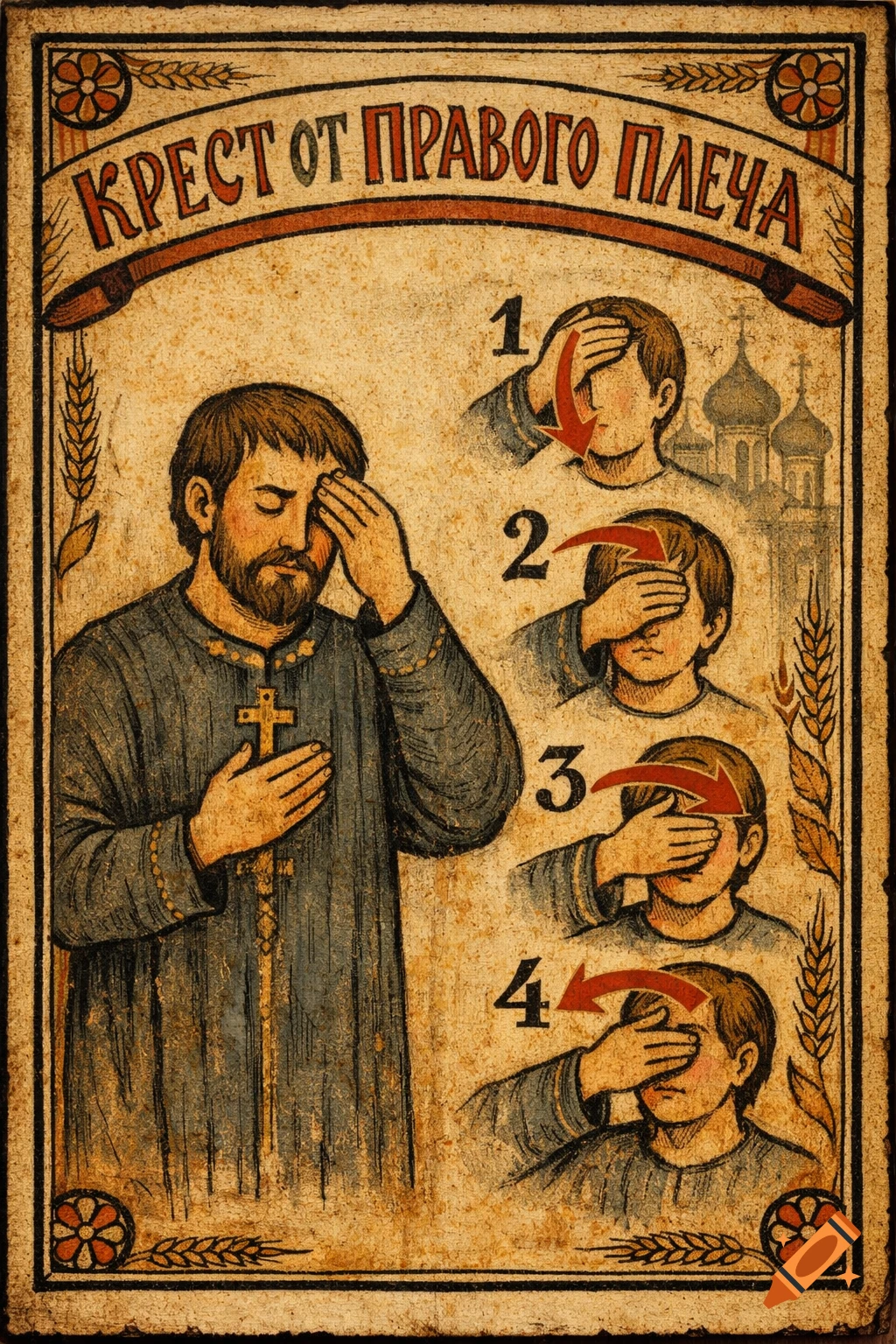 Stylized antique Russian Lubok illustration depicting an Orthodox Christian man making the sign of the cross, with a 4-step guide and Cyrillic text.