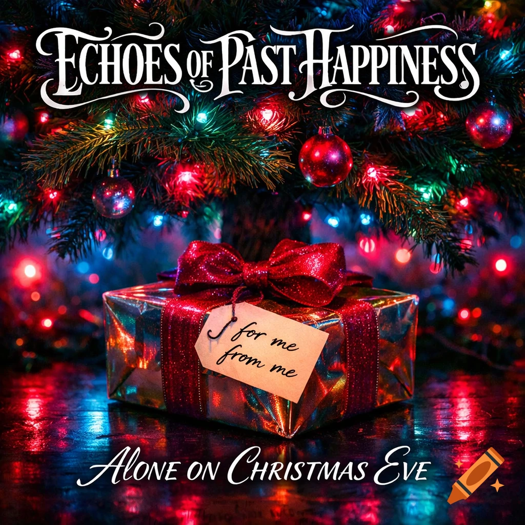 A shimmering Christmas gift with a "for me from me" tag under a neon-lit Christmas tree. Album text reads "ECHOES of PAST HAPPINESS" and "ALONE ON CHRISTMAS EVE".