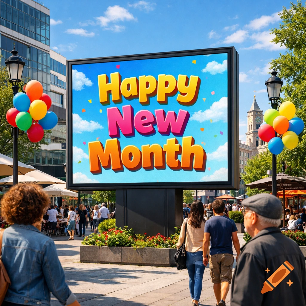 Photorealistic image of a large digital billboard in a busy urban plaza displaying 'Happy New Month', with people and colorful balloons.
