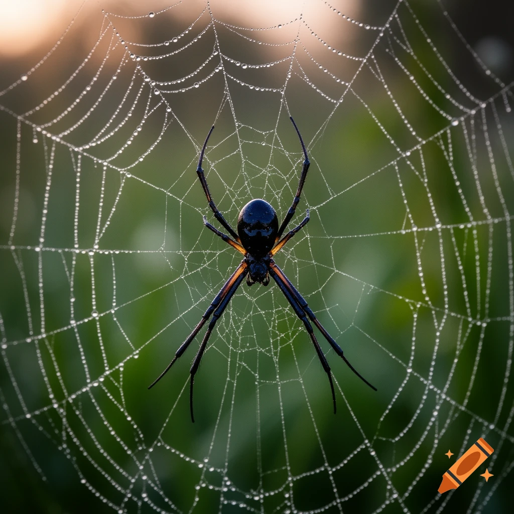 A black and orange spider on a dew-covered spiderweb, macro shot.