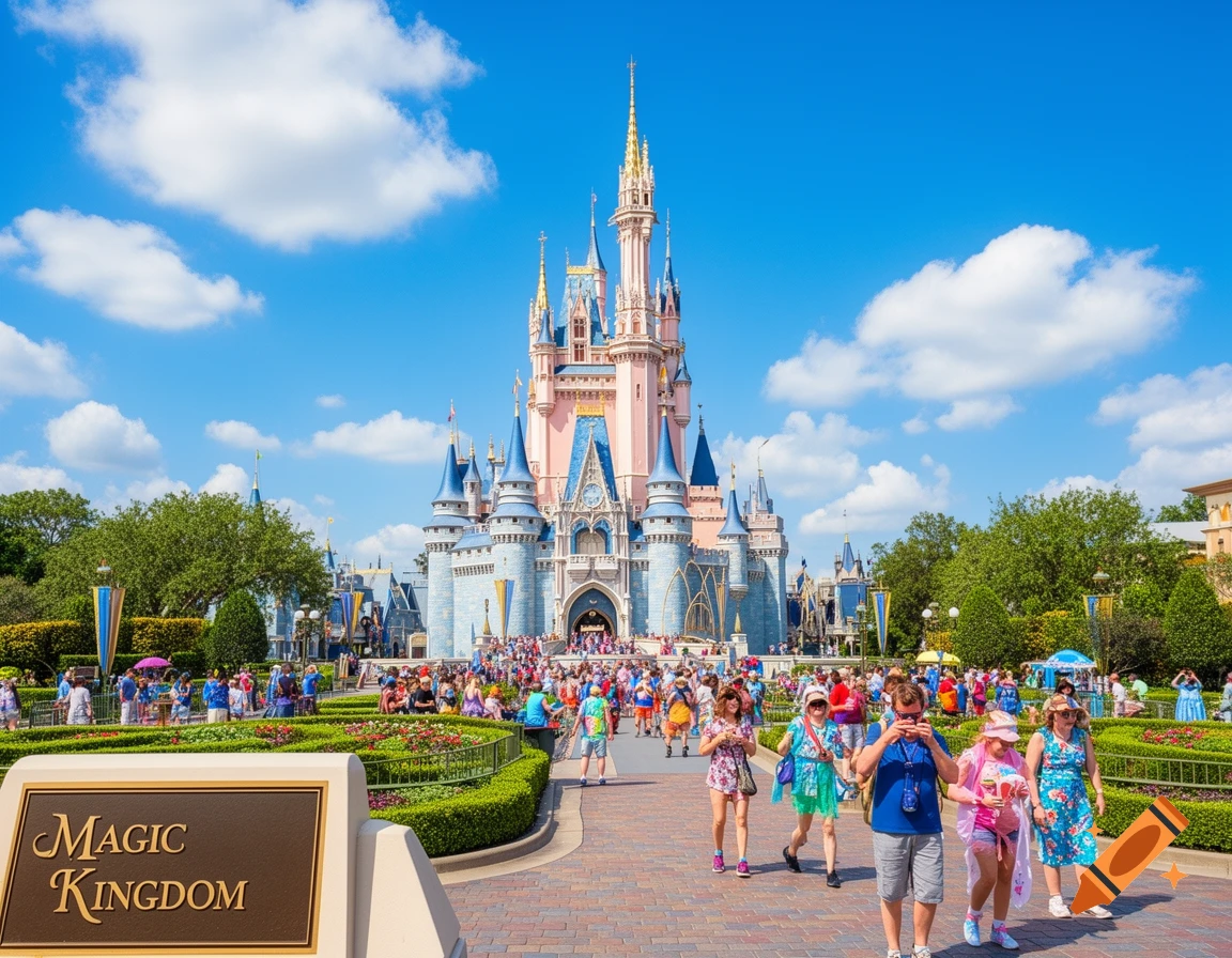 A sunny day at Magic Kingdom with Cinderella Castle towering over a crowd of visitors in a bustling theme park.