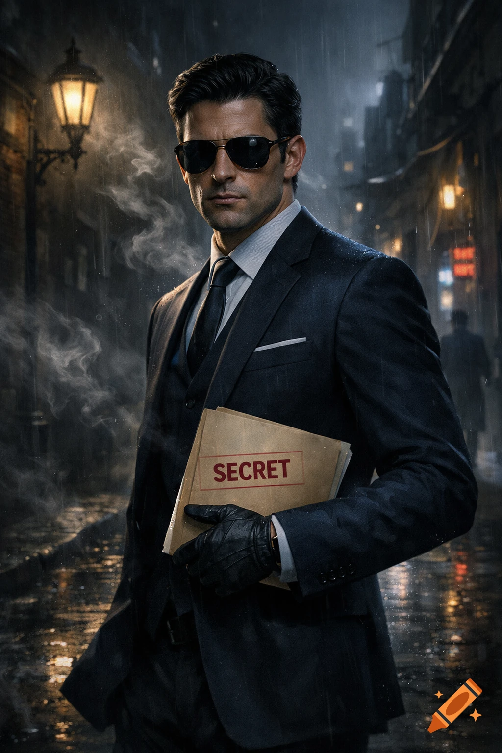 Photorealistic image of a man in a suit and sunglasses holding a 'SECRET' document on a rainy city street at night.