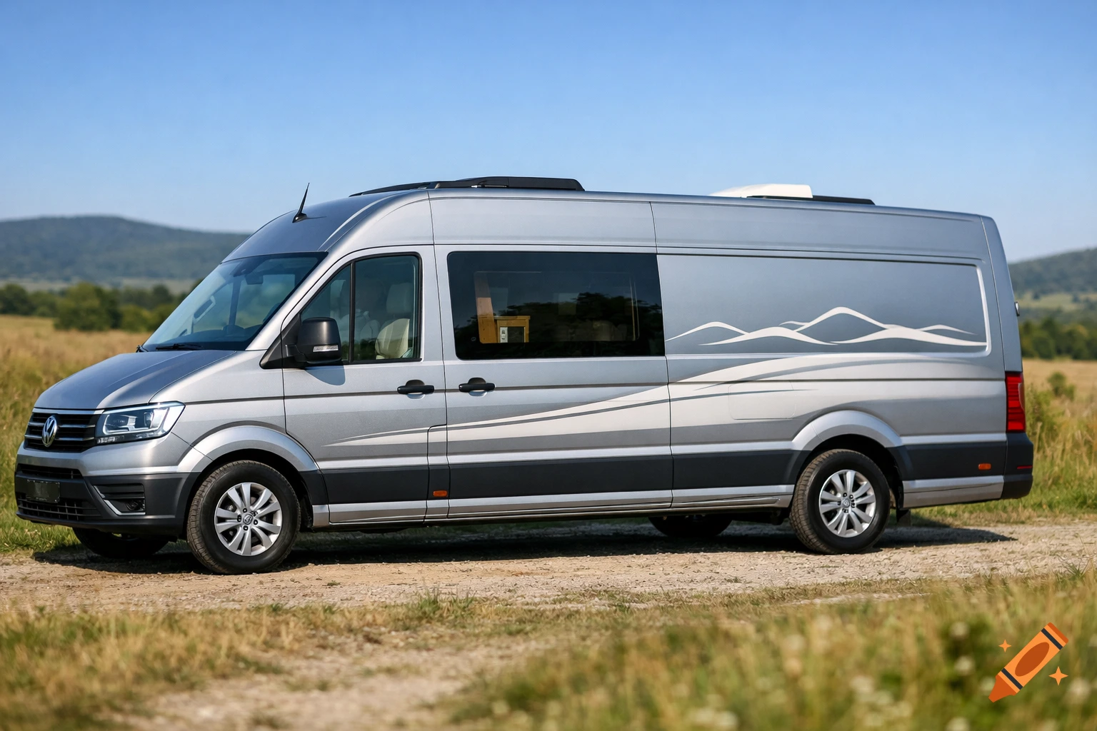 Silver Volkswagen Crafter campervan with mountain graphics parked on a dirt path in a sunny, grassy field.