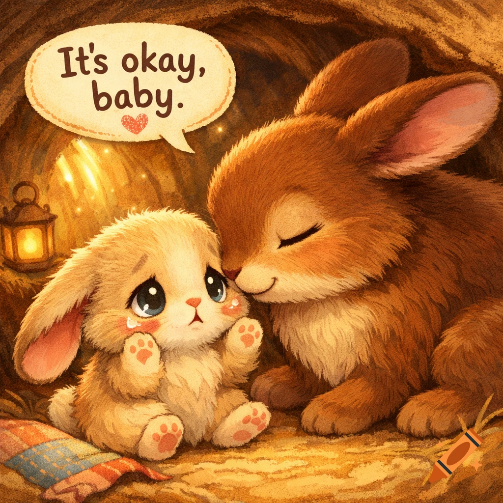 A cartoon mother rabbit comforts her crying baby rabbit inside a cozy burrow, saying "It's okay, baby."