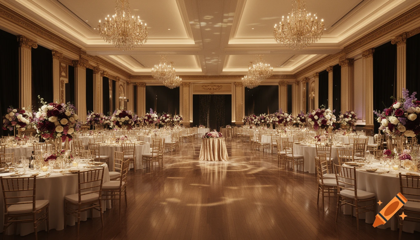 An elegant, ornate ballroom with numerous round banquet tables, floral centerpieces, and chandeliers under ambient lighting.