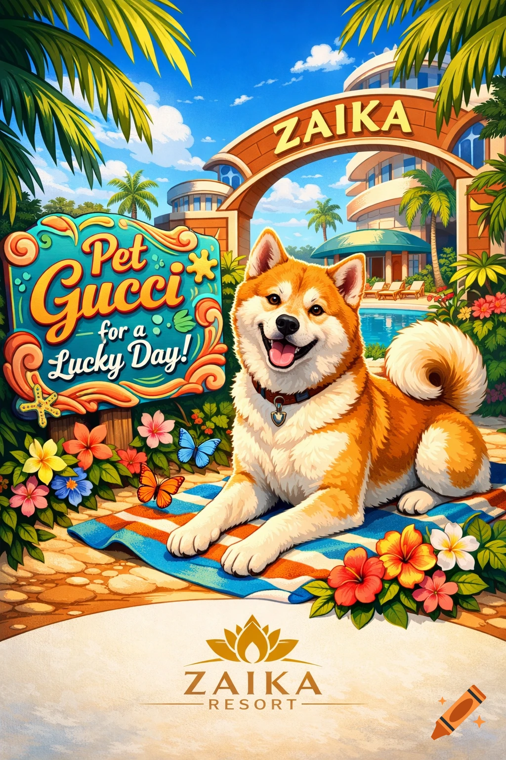 Comic illustration of a happy Akita dog on a towel at a sunny 'Zaika Resort' with a 'Pet Gucci for a Lucky Day!' sign.