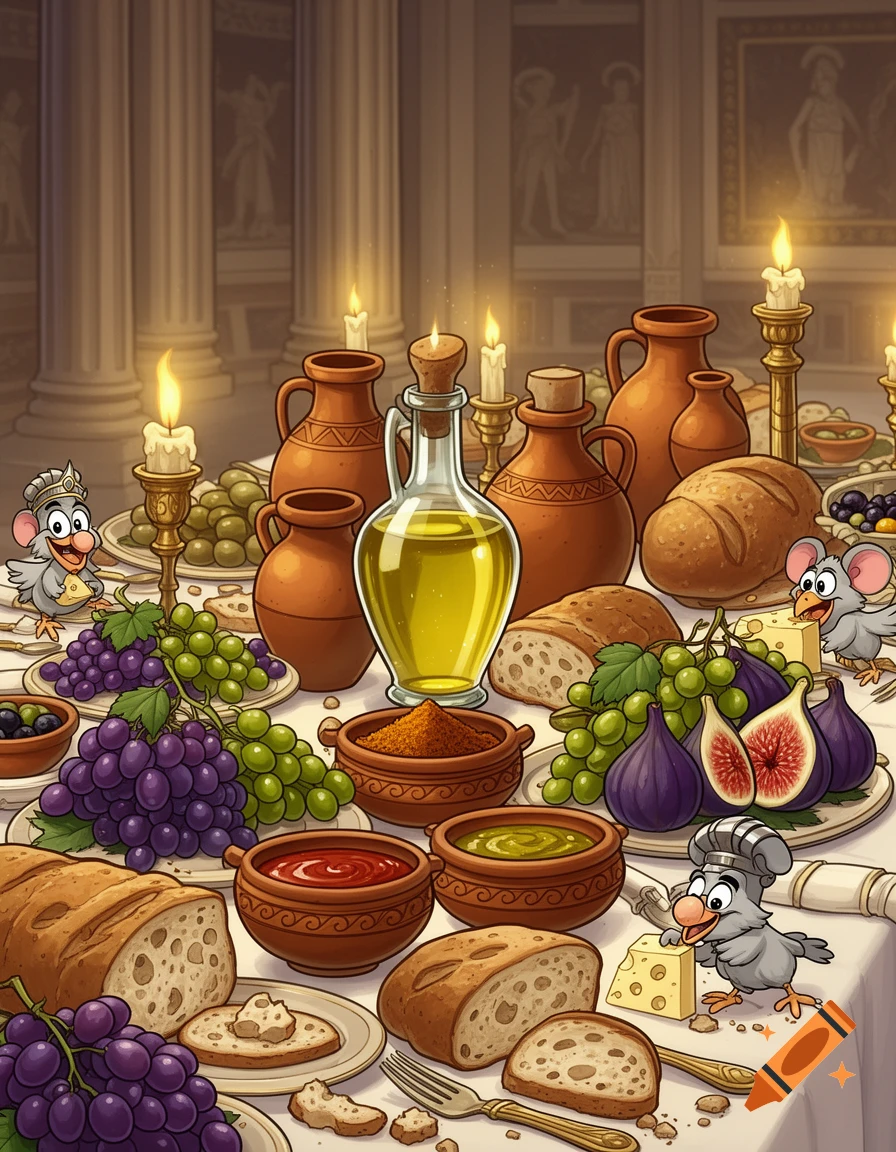 Cartoon Roman feast with anthropomorphic mice, bread, grapes, figs, olive oil, and terracotta pots on a table in a grand hall.