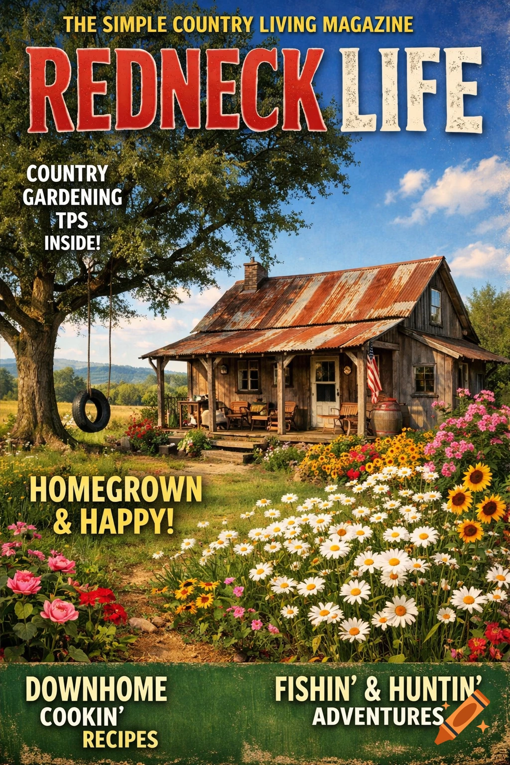 Magazine cover for 'Redneck Life' showing a rustic cottage with a rusty roof, a flower garden, and a tree with a tire swing, under a clear blue sky.