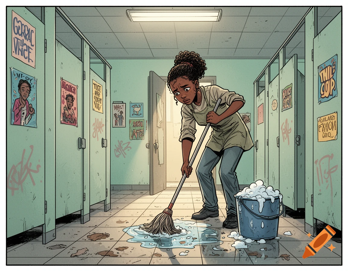 A young African woman with a distressed expression mops a dirty school bathroom floor, rendered in a comic book style.