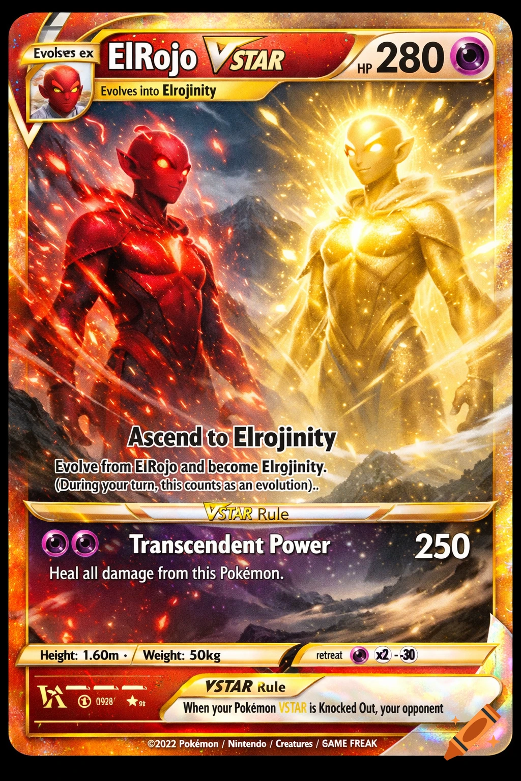 A custom Pokémon VSTAR card for ElRojo, a red humanoid, and its evolution Elrojinity, a golden humanoid, against a fiery and sparkling mountain backdrop.