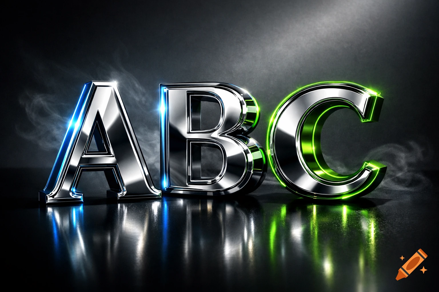 Shiny 3D metallic letters A, B, C with blue and green glowing outlines on a dark, reflective surface.