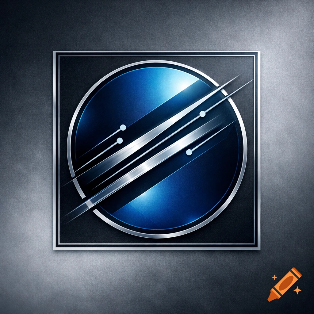 Abstract metallic logo with a blue circle, diagonal silver stripes, and small white dots in a square frame on a dark grey background.
