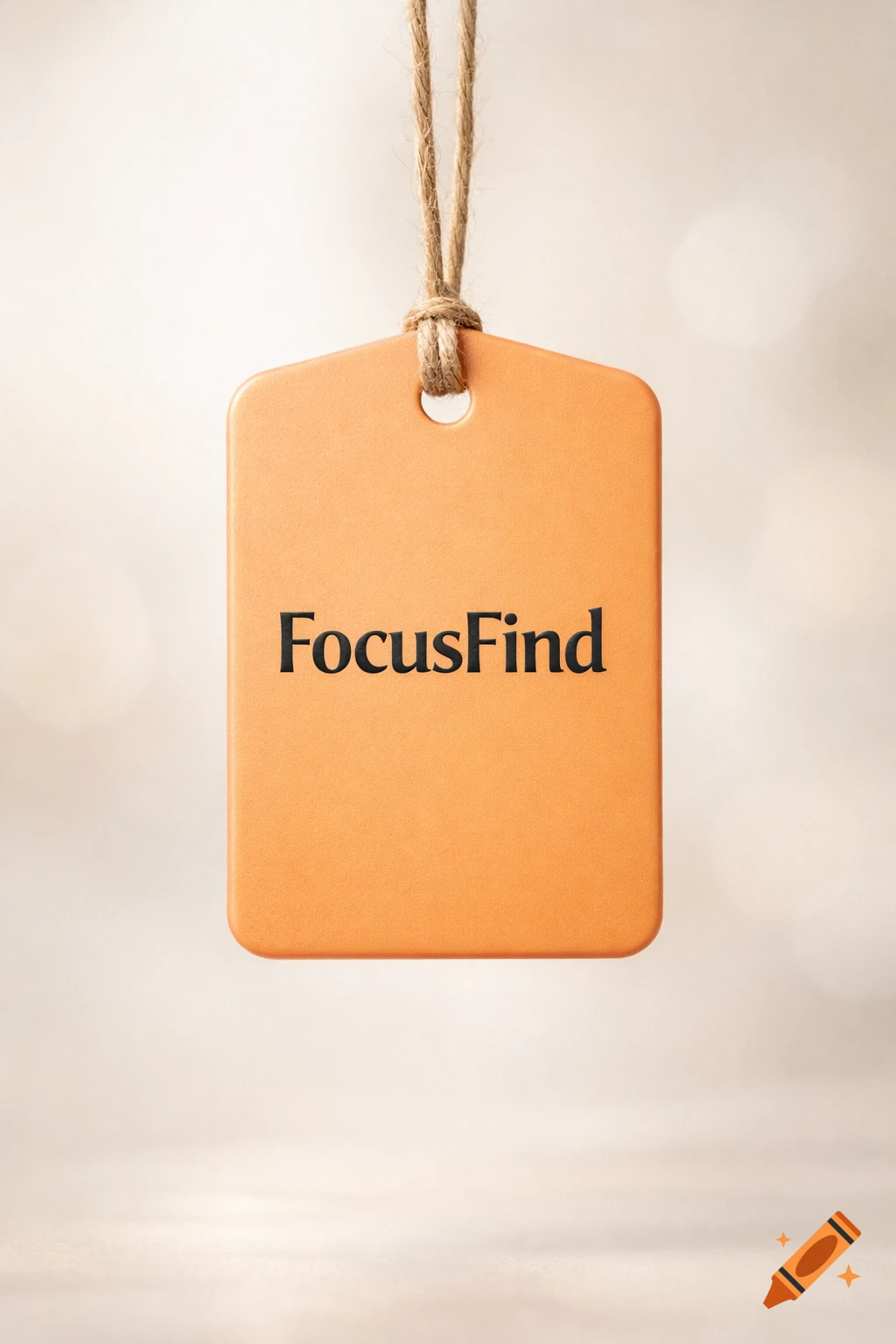 A light orange tag with the black text 'FocusFind' hanging from a brown rope against a blurred light background.