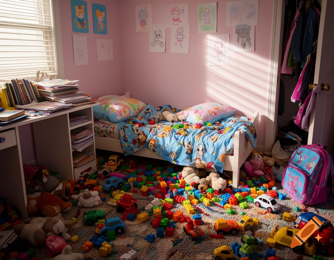 A messy child's room with colorful building blocks, toys, and stuffed animals scattered on the floor. A bed, a desk with books, and drawings on a pink wall are visible.