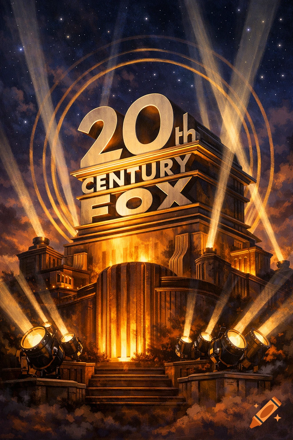 Golden 20th Century Fox logo structure illuminated by spotlights against a starry night sky, cinematic style.