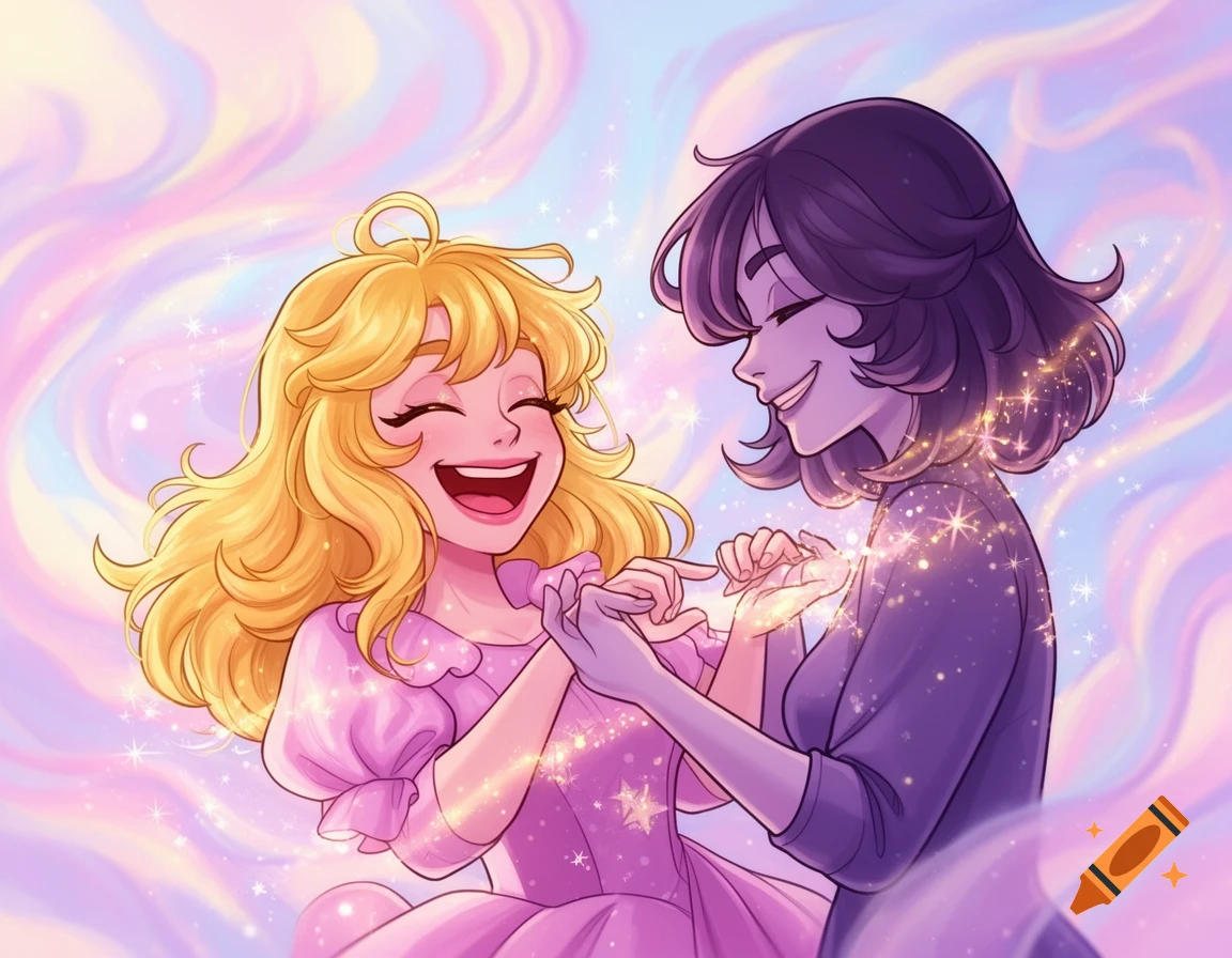 Cartoon of two joyful women, one blonde and one dark-haired, holding hands with magical sparkles against a pastel sky.