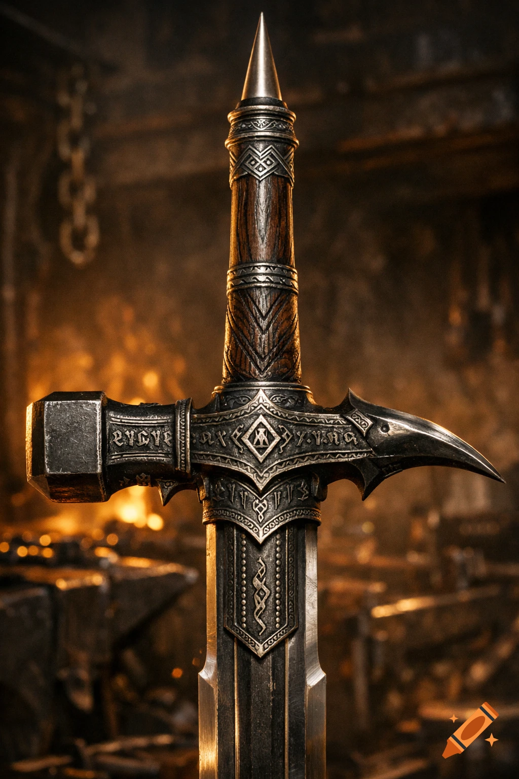A detailed, close-up shot of an elaborately decorated fantasy sword with a wooden hilt and metal guard, in a dimly lit forge.