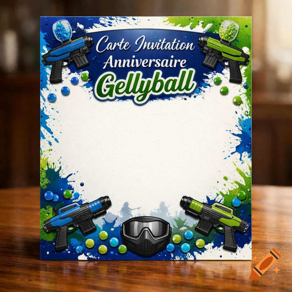 A colorful Gellyball birthday invitation card with gel blasters, a mask, and paint splatters on a wooden table.