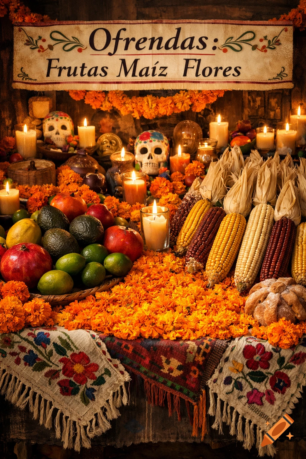 A vibrant Dia de los Muertos ofrenda with sugar skulls, marigold flowers, candles, corn, fruit, and embroidered textiles, featuring a banner that reads "Ofrendas: Frutas Ma iz Flores".