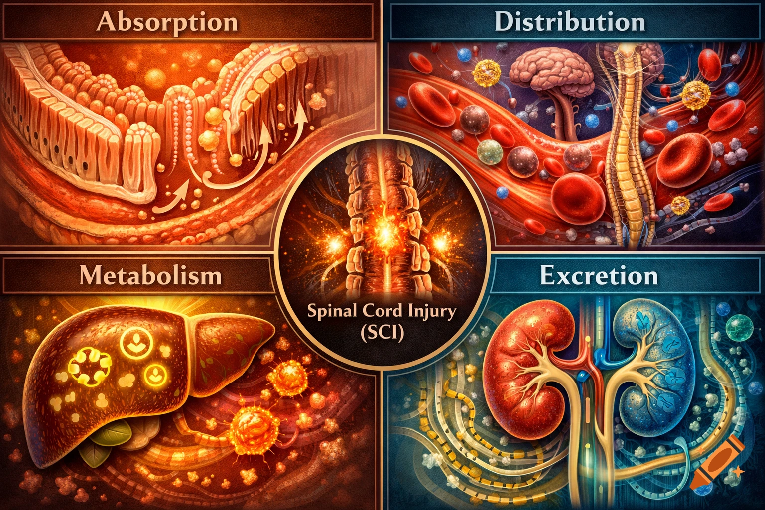 A four-panel medical illustration showing Absorption, Distribution, Metabolism, and Excretion, with a central diagram of a spinal cord injury (SCI).