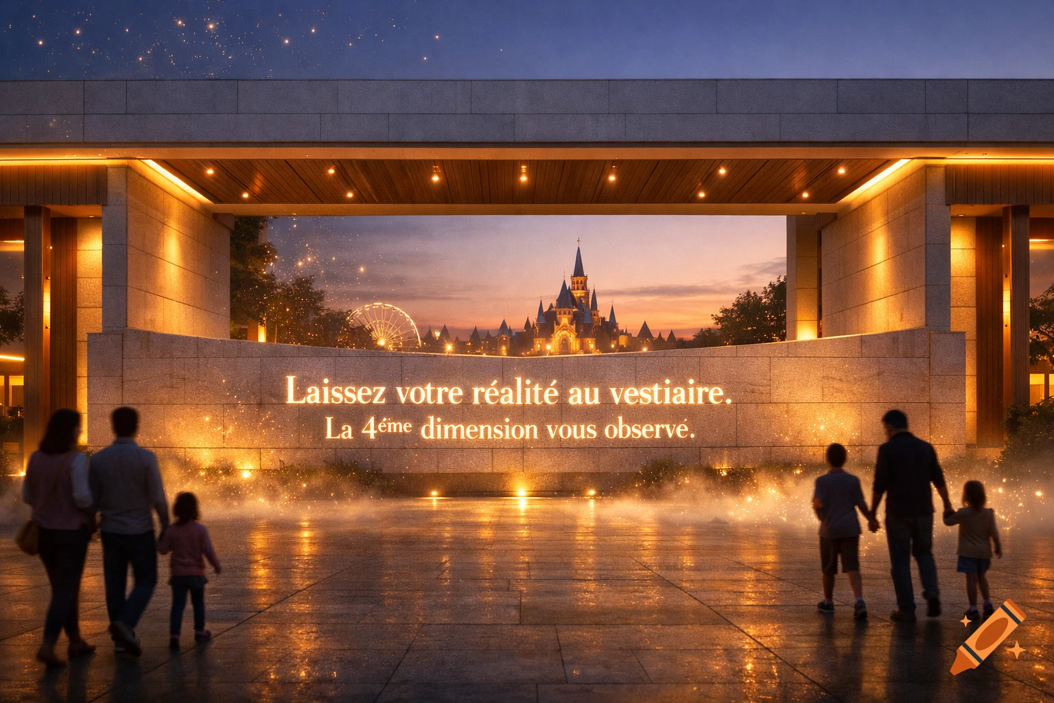A modern minimalist amusement park entrance at twilight. Families approach a stone portal with glowing French text. A fantasy castle and Ferris wheel are in the background under a starry sky.