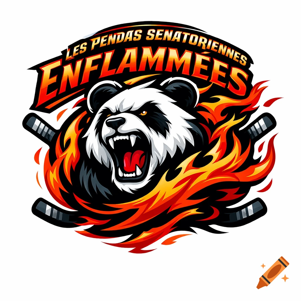 Aggressive panda hockey logo with flames and crossed sticks. Text: LES PENDAS SENATORIENNES ENFLAMMEES.