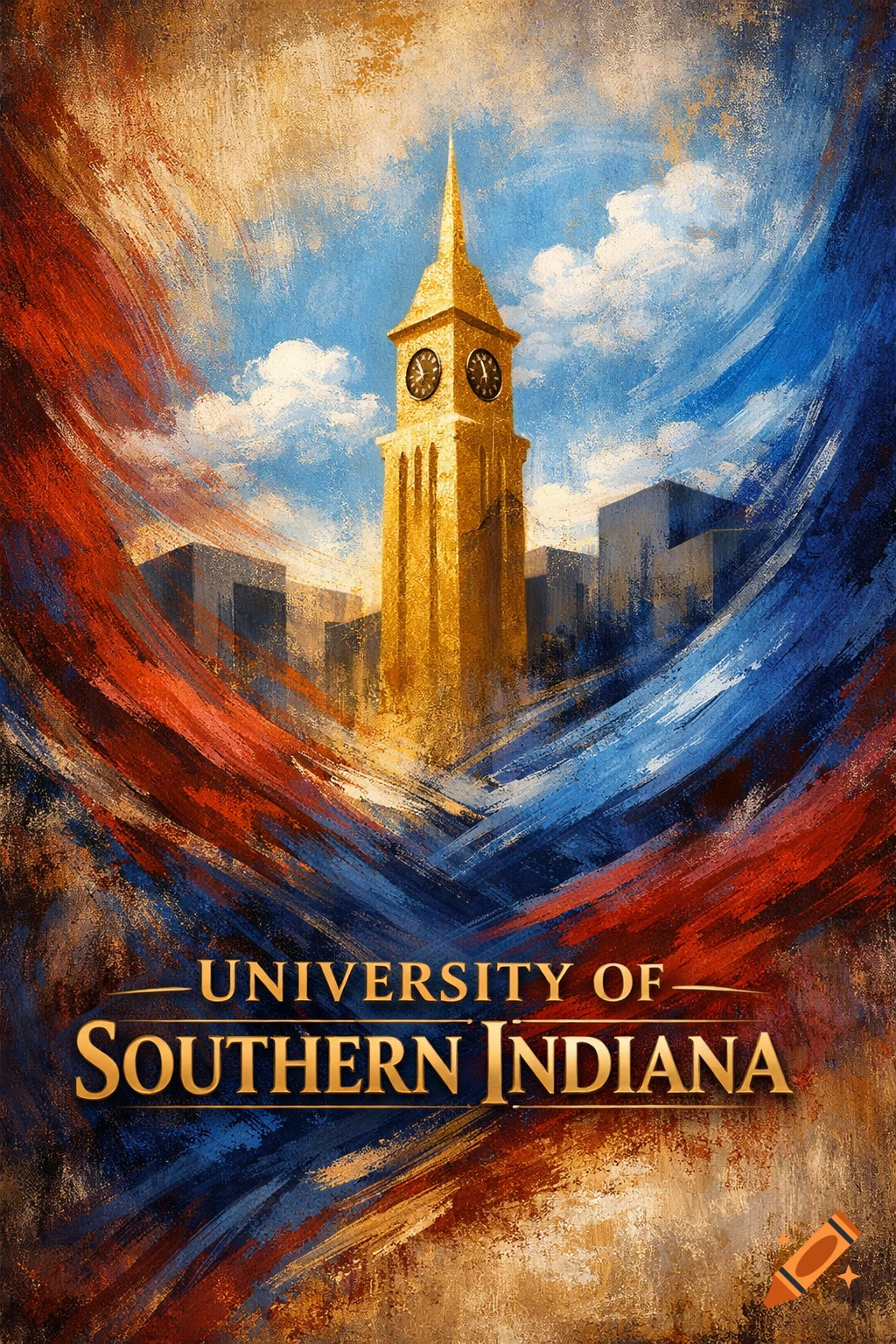 Abstract painting of a golden clock tower and buildings, framed by expressive red, blue, and gold brushstrokes, with 'UNIVERSITY OF SOUTHERN INDIANA' text.