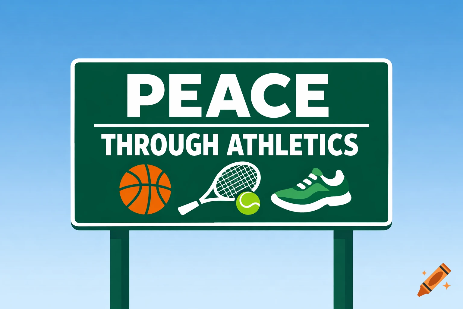 A green sign with white text that reads 'PEACE THROUGH ATHLETICS', featuring a basketball, tennis racket, tennis ball, and running shoe, against a blue sky.