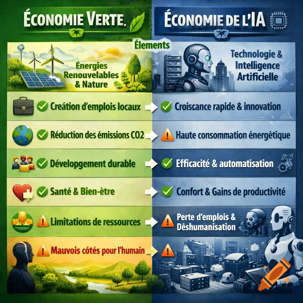 A comparison infographic between Green Economy and AI Economy, showing benefits and drawbacks for each side with icons and text in French.