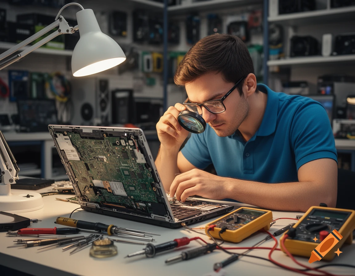 A man wearing glasses and a blue polo shirt uses a magnifying glass to inspect an open laptop's circuit board on a desk with various tools and multimeters.