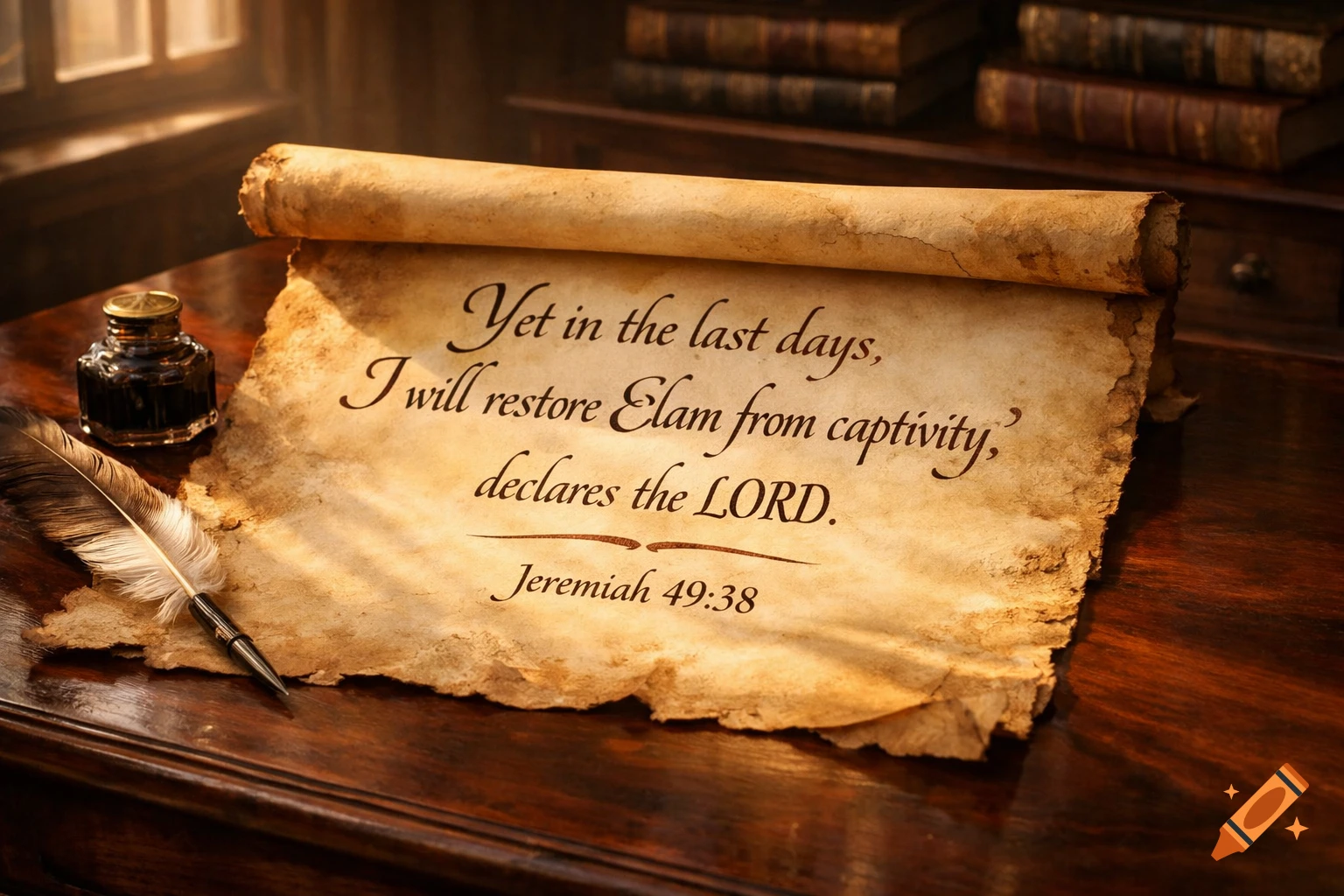 An old parchment scroll with a Bible verse, a quill pen, and an inkwell on a polished wooden desk, bathed in warm light.