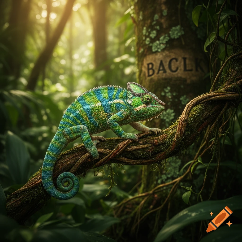 A vibrant green and blue chameleon with a coiled tail perches on a mossy branch in a lush, sunlit jungle.