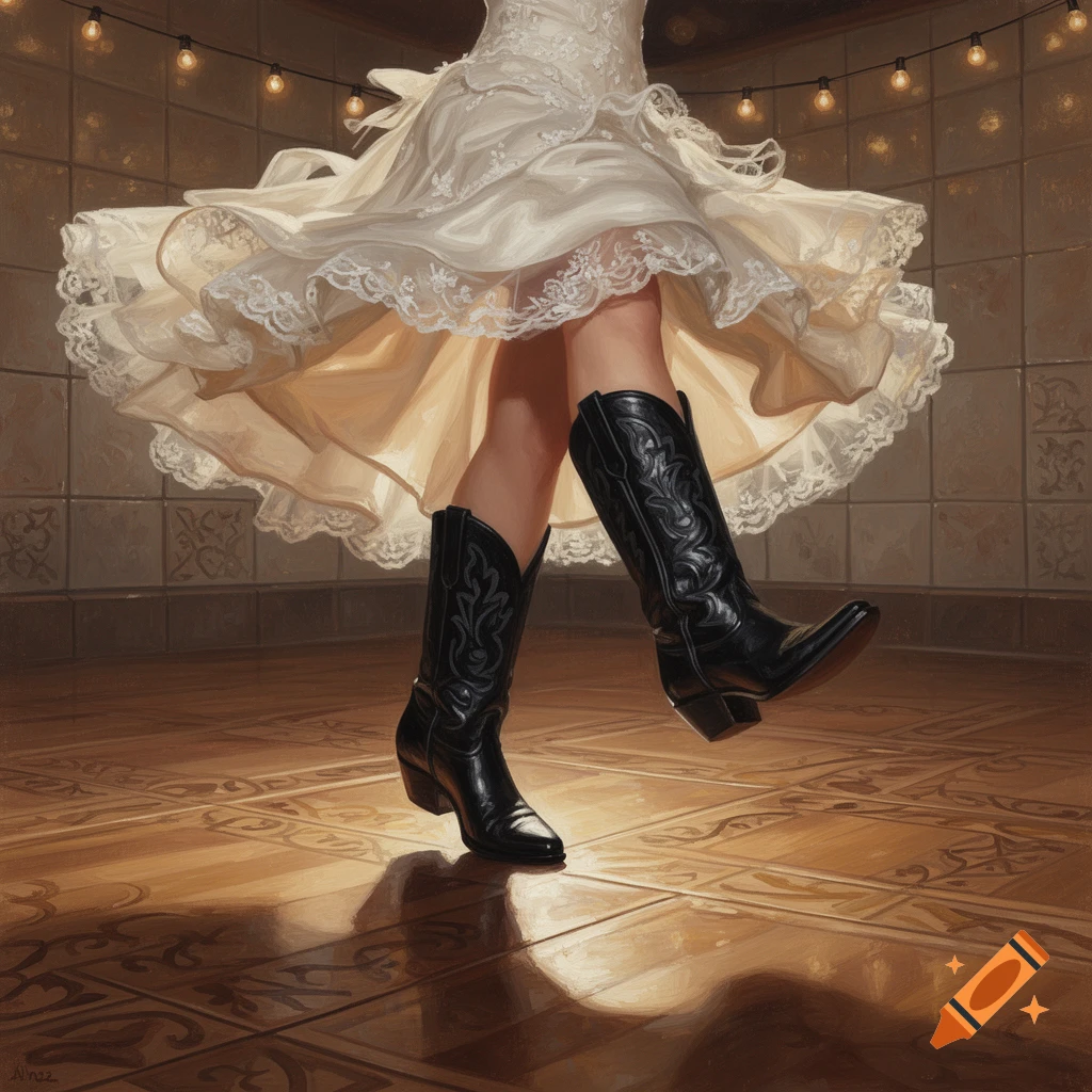 Woman in white wedding dress and black cowboy boots dancing on a tiled floor under string lights, painterly style.