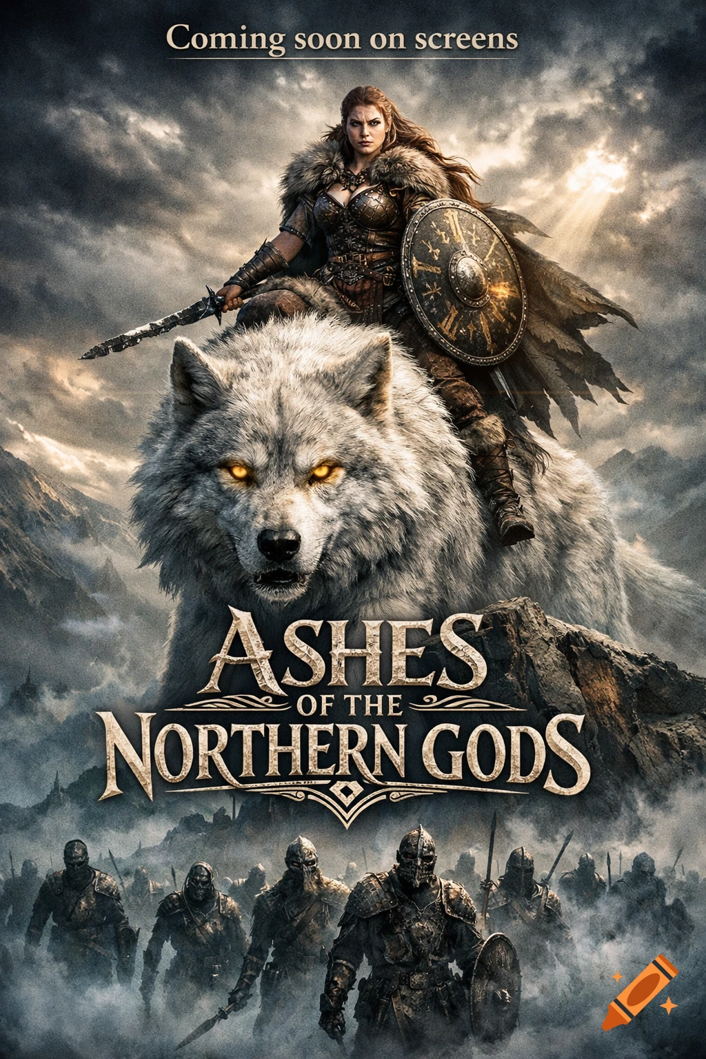 Movie poster for 'Ashes of the Northern Gods' with a warrior riding a ...