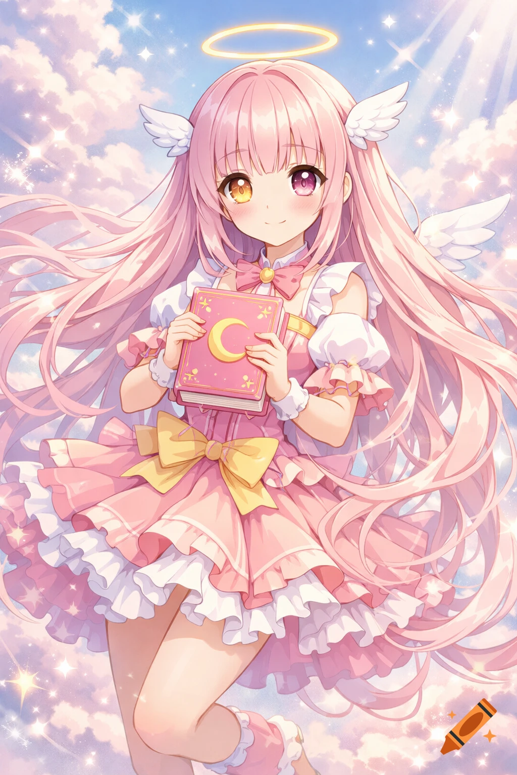 A cute anime angel girl with pink hair, a halo, and wings, wearing a ruffled pink dress and holding a book, against a celestial background.