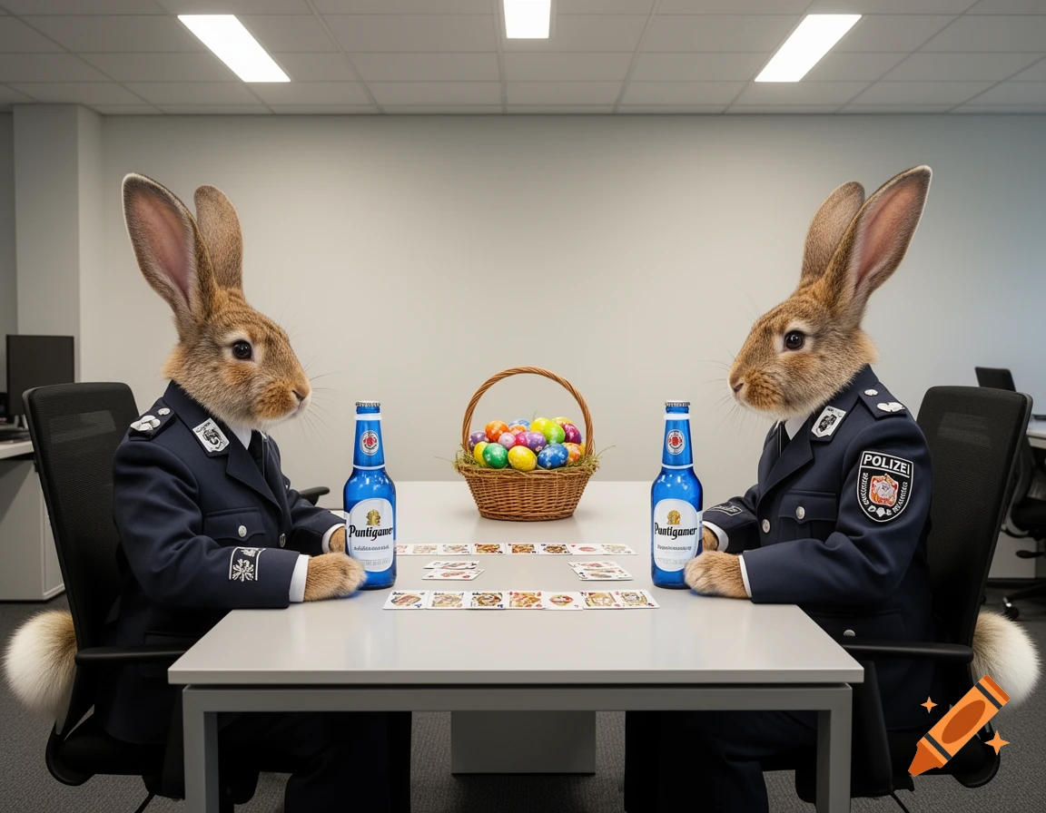 Two anthropomorphic rabbits in Austrian police uniforms sit at an office desk, playing cards with bottles of Puntigamer beer and an Easter basket filled with colorful eggs between them.