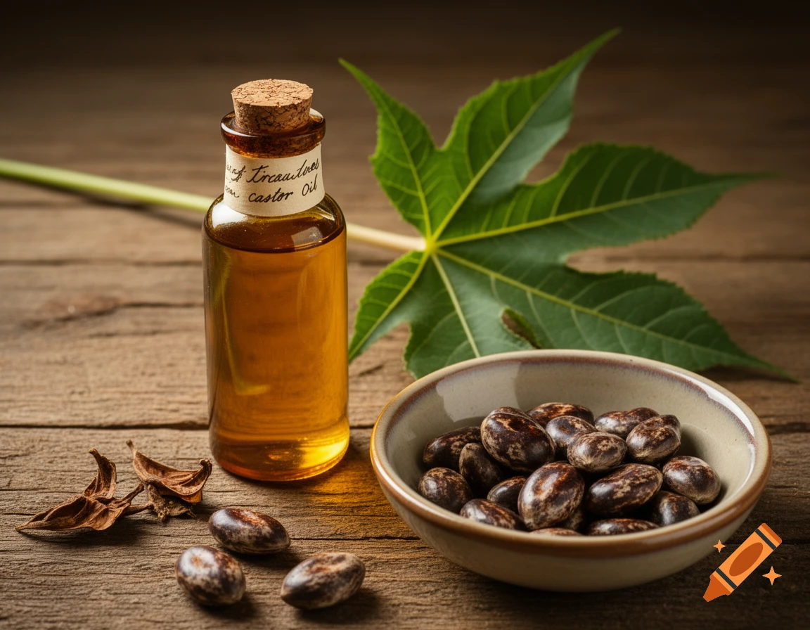 Photorealistic image of a bottle of castor oil, a bowl of castor seeds, dried beans, and a large green leaf on a wooden surface.