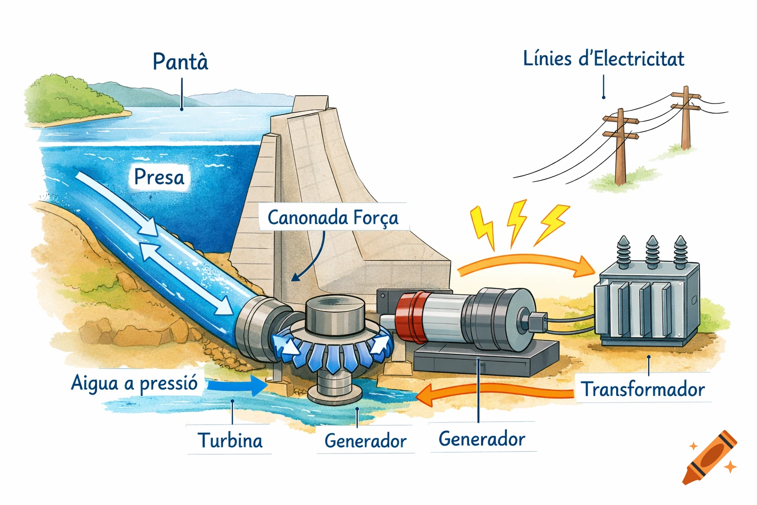 An educational diagram of a hydroelectric power plant, showing a dam, penstock, turbine, generator, transformer, and power lines with labels in Catalan.