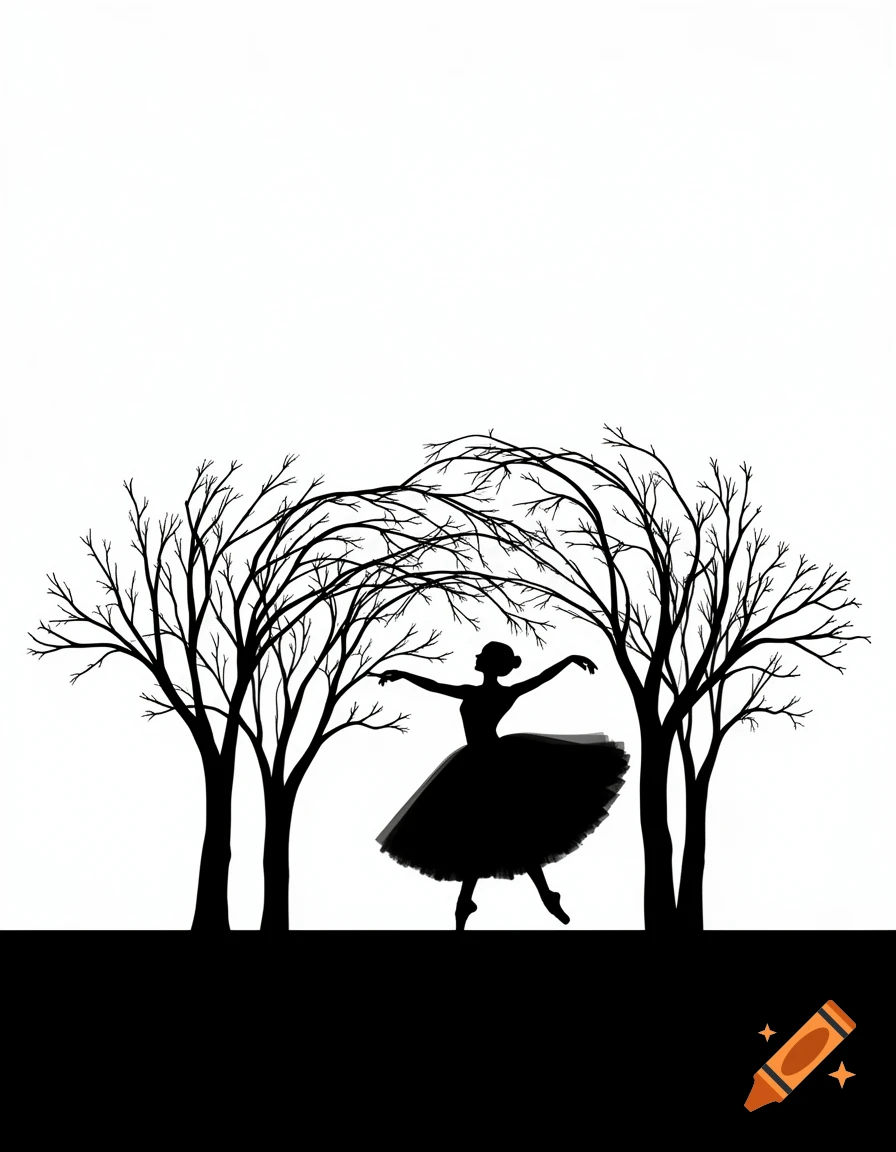 A minimalist black and white silhouette of a ballerina dancing between two bare trees.